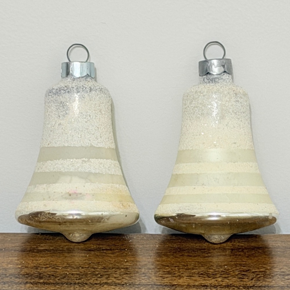 Pair George Franke Mercury Glass Bell Ornaments Frosted Mica Stripe Made in US